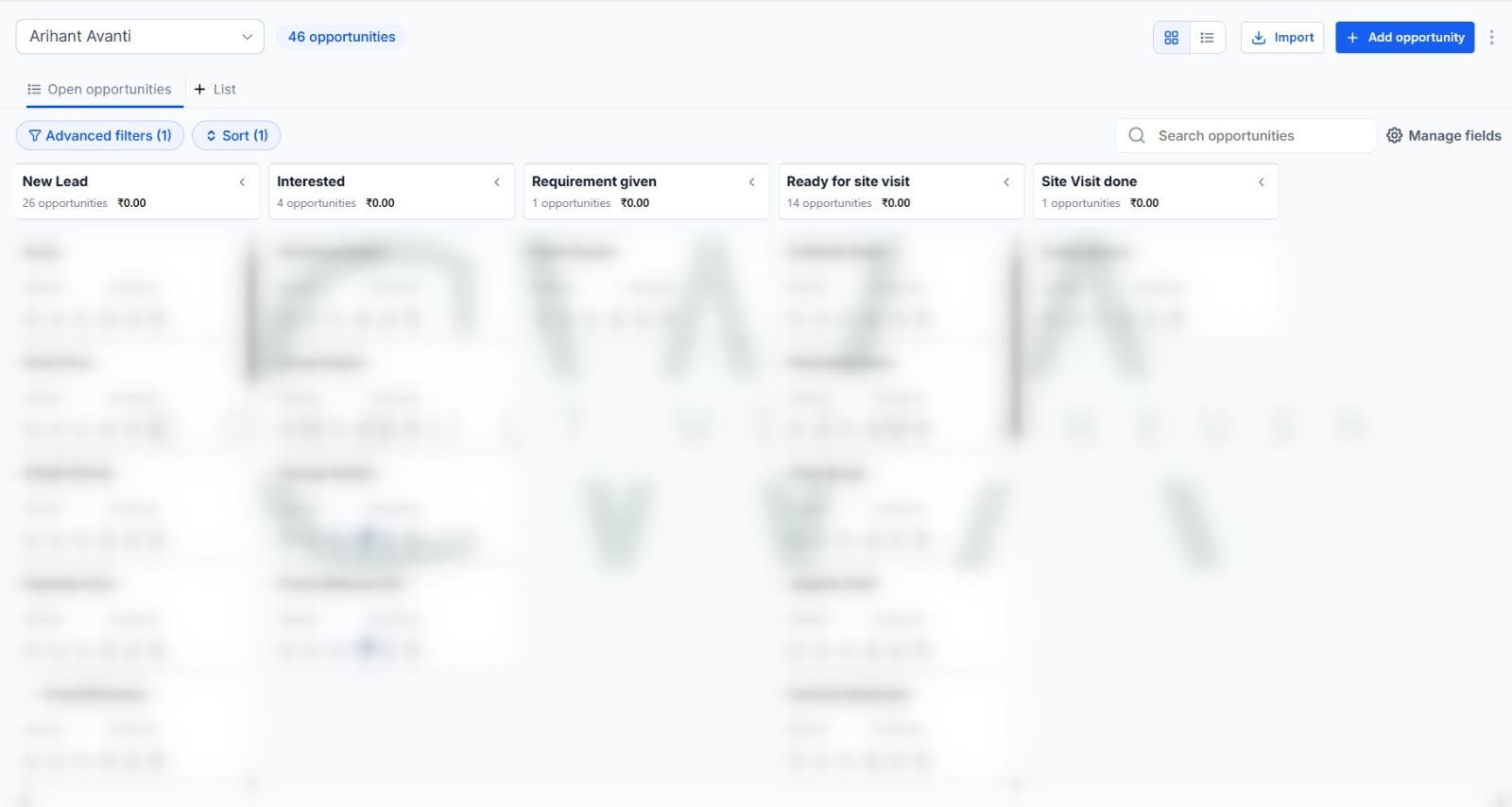 CRM board with 46 opportunities and 14 ready for a site visit